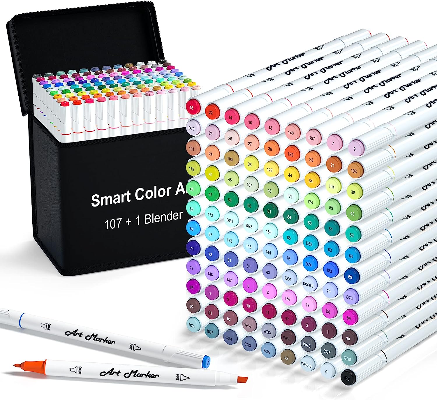 230527223449683_1 108 Pack Art Markers, 107 Coloring Markers and 1 Blender, Alcohol Based Dual Tip Permanent Markers Highlighters with Case, Excellent for Adults Kids Marking Drawing Sketching by Smart Color Art - Image 1